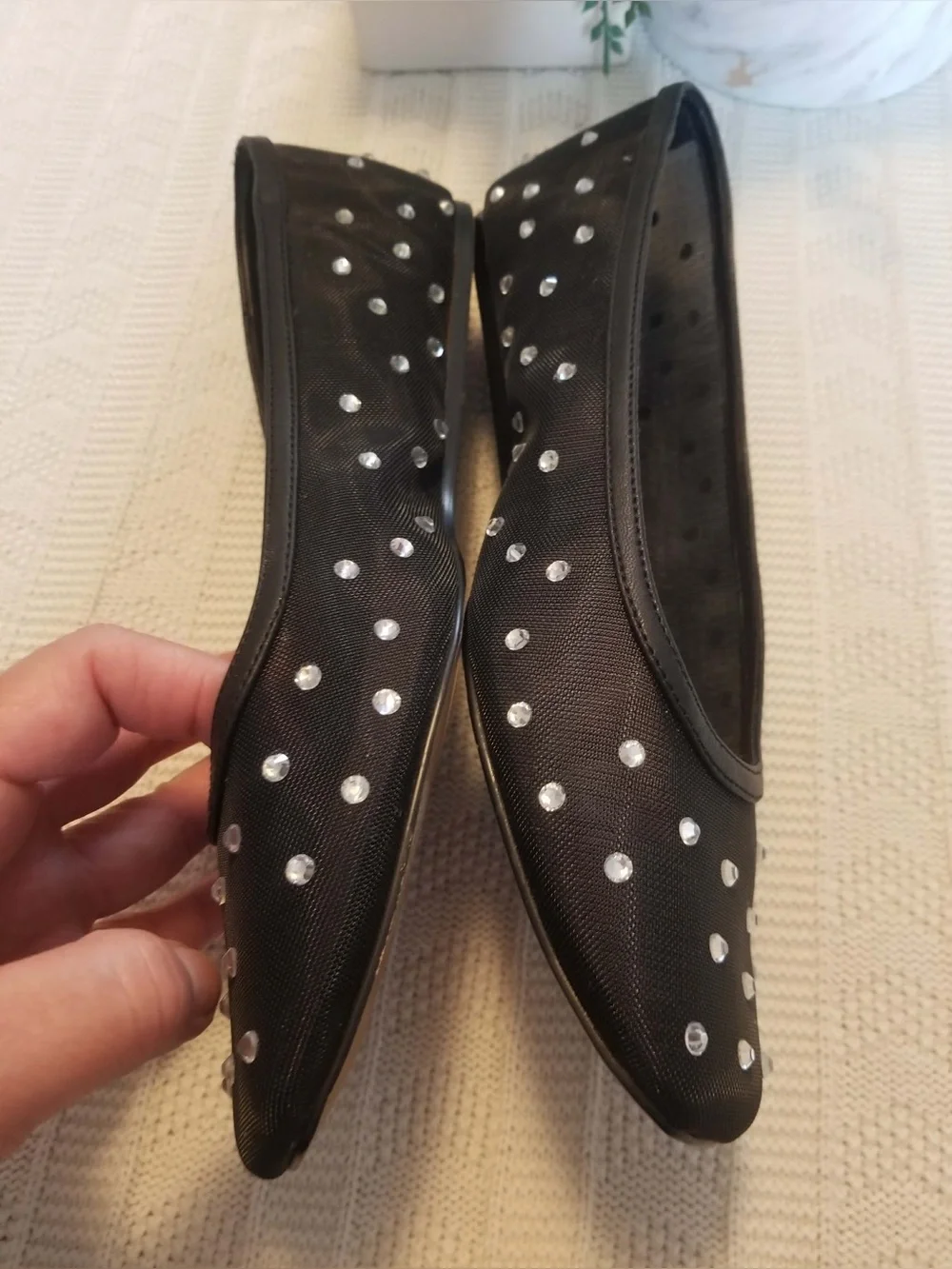 Loft Stud-Embellished Leather Ballet Flats in Beige and Black